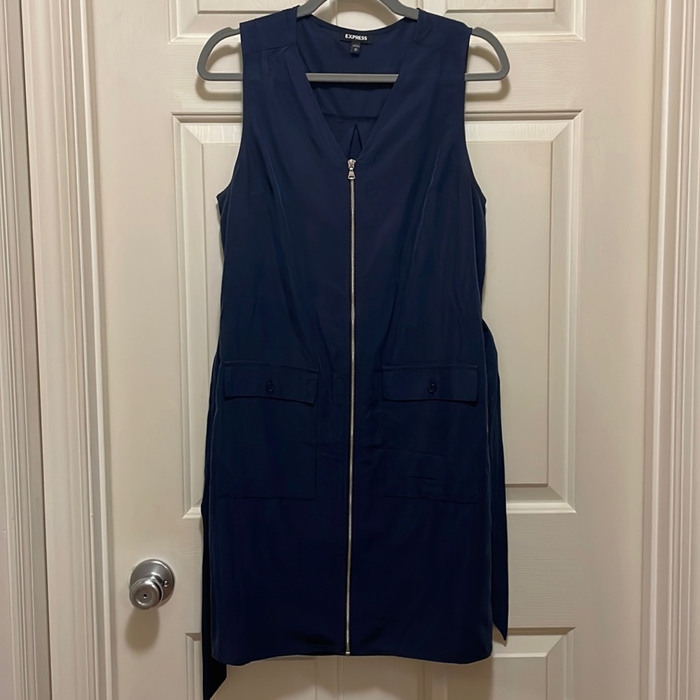 Express Navy Blue sleeveless dress with zip front and tie waist - size medium